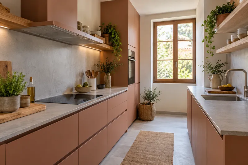 Visualización conceptual IA de cocina: Cocinas de Óscar Vidal. Vista del espacio y su mobiliario.